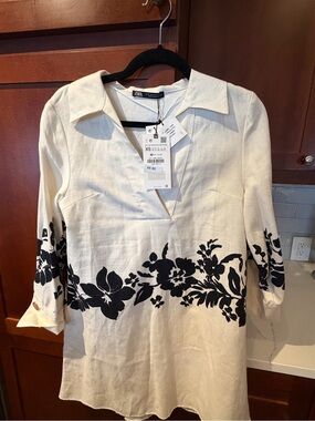 Zara Dress Cream Tunic with Black Floral Print